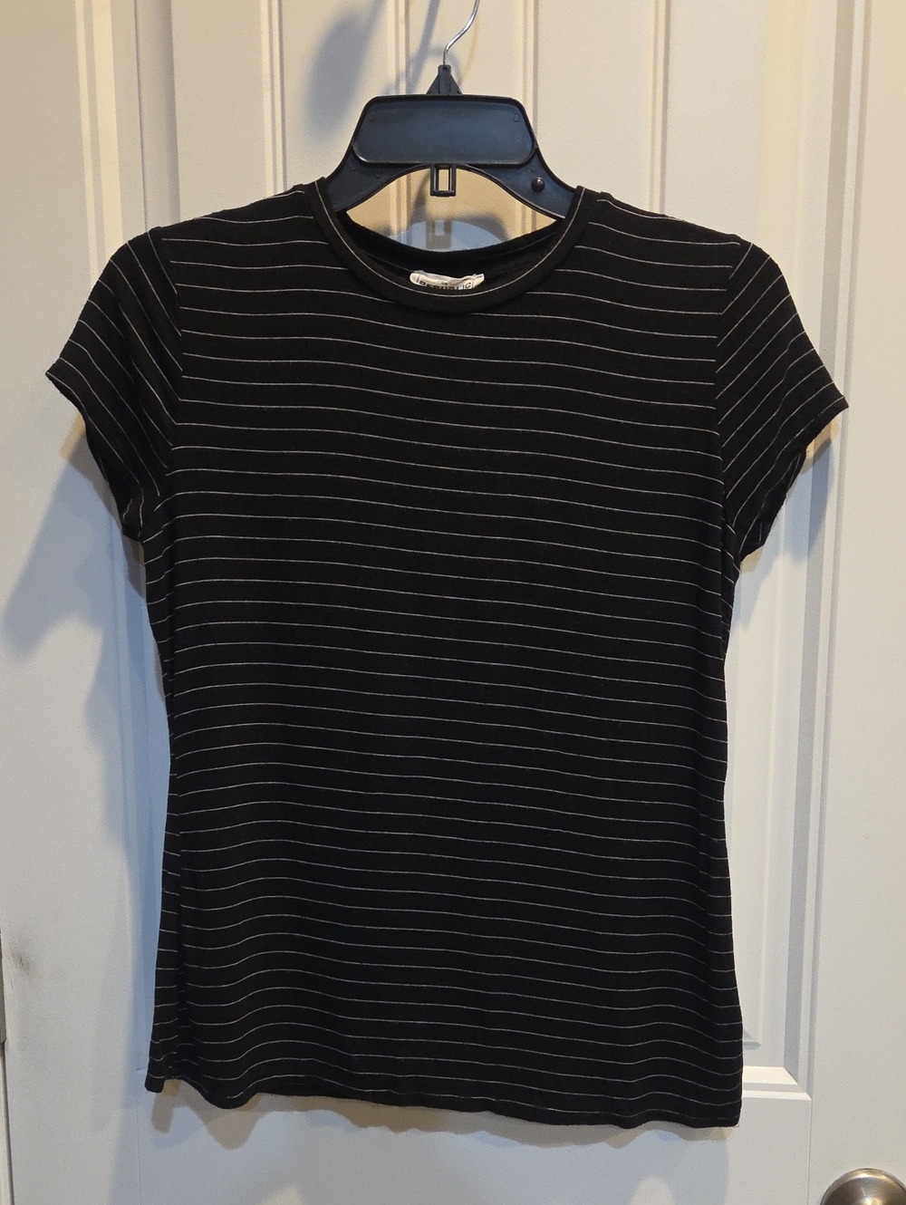 For The Republic Black Tee with Thin White Stripes